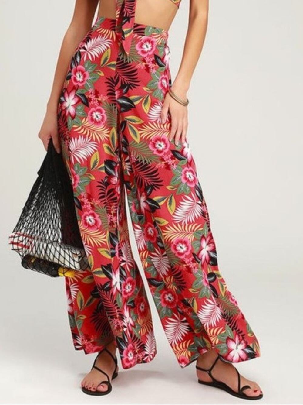 Lulus Passport to Paradise Tropical Print Wide Leg Pants Coral Red Size Small